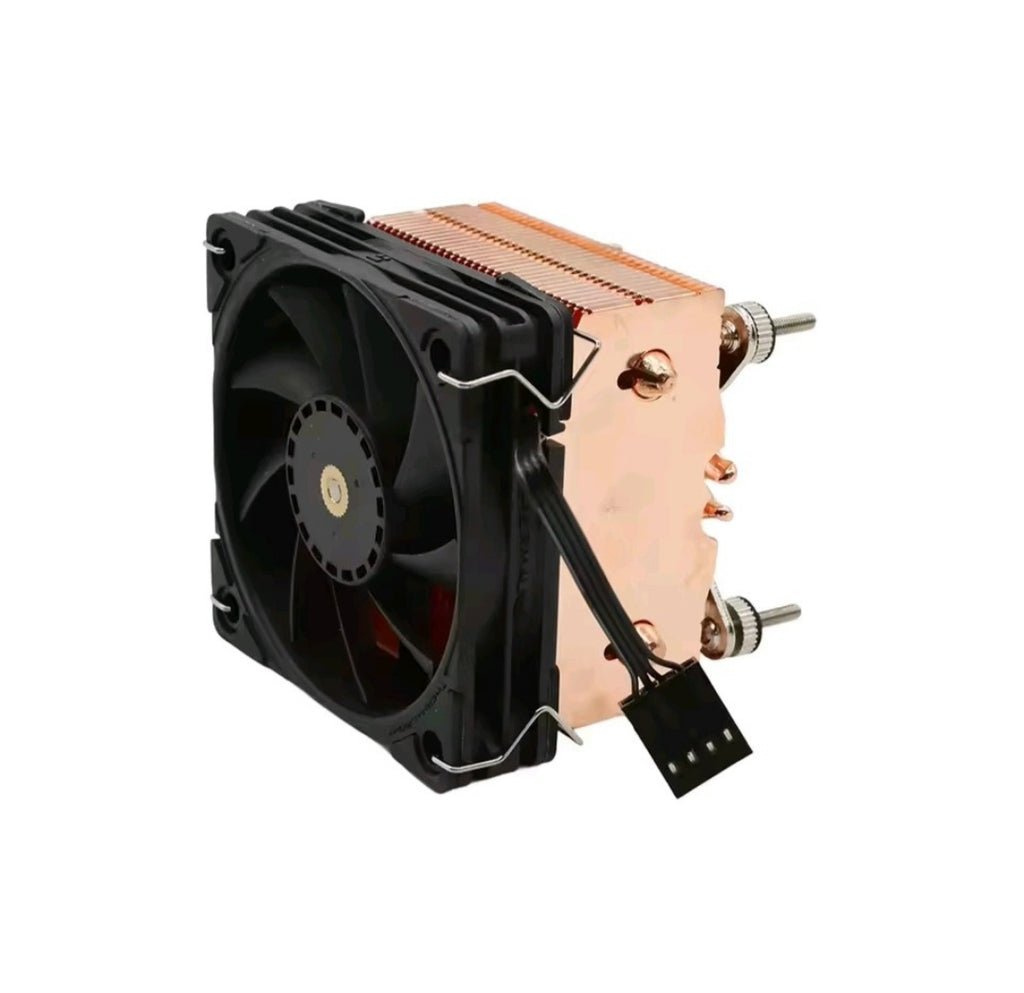 Copper heatsink and fan angled view