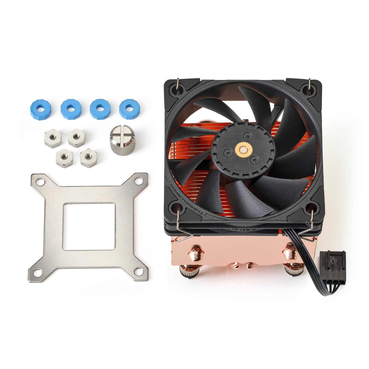 Copper heatsink and black fan kit with mounting bracket and fixings