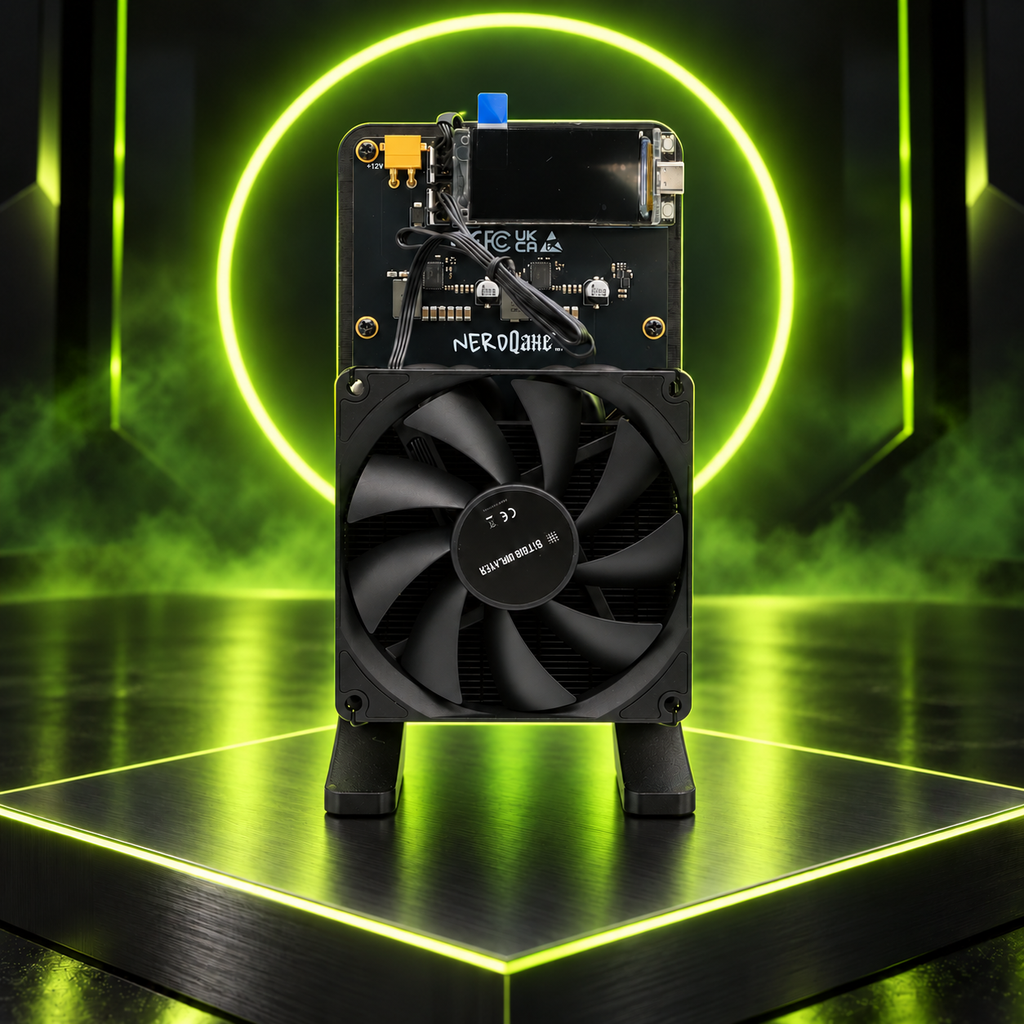 NerdQaxe Rev7 air on CryptoLot neon lime ring platform
