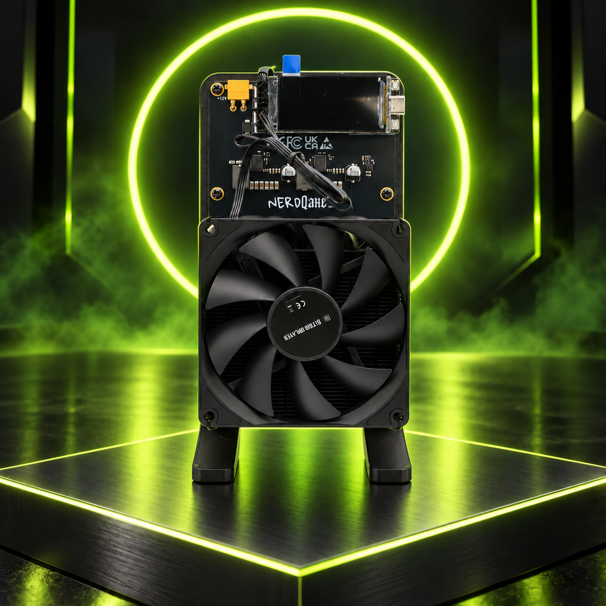 NerdQaxe Rev7 air on CryptoLot neon lime ring platform